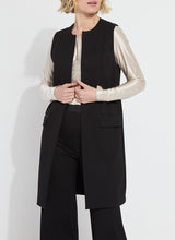 Load image into Gallery viewer, Stylish combination featuring a black Denver Ponte Sleeveless Coat, white shirt, and black pants by Lysse.
