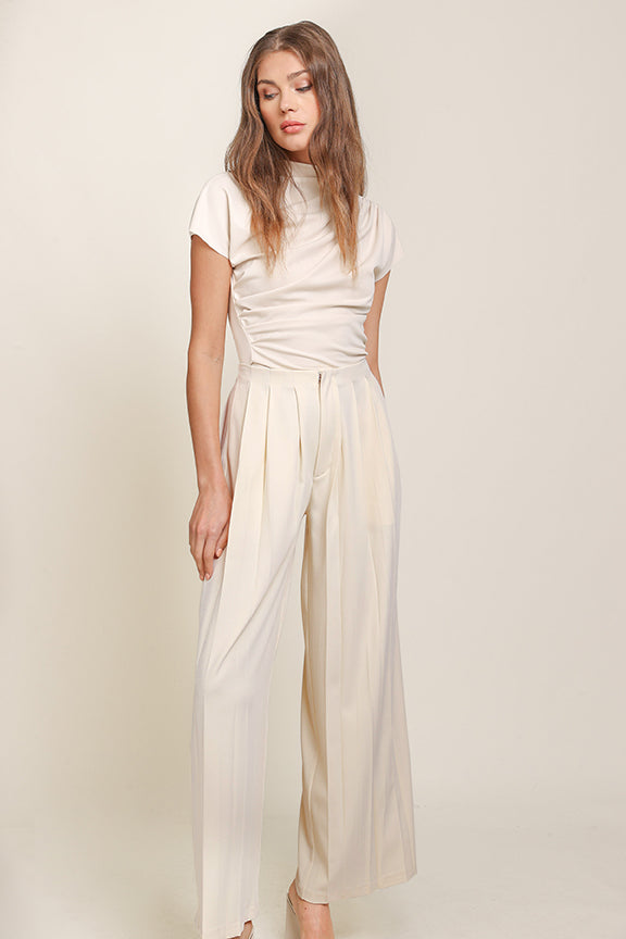 Cream top and wide leg pants by Line and Dot. Luxurious Ecru hue, classic yet modern design, crafted with premium materials for exquisite style.