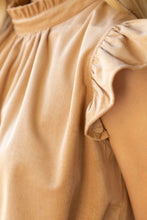 Load image into Gallery viewer, The Lucy Ruffle Sleeve Top on a model in tan top and black jeans, featuring trendy ruffle sleeves and cute tie back detailing in soft corduroy material.
