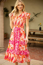 Load image into Gallery viewer, Look effortlessly stylish at the garden party in our Frankie Floral Midi Dress. The pink and orange floral pattern is eye-catching.
