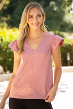 Load image into Gallery viewer, Upgrade your style with our V Neck Ruffle Sleeve PU Top! Pink cotton blend with ruffled sleeves and a bold V-neck design. Made for fashion-forward risk-takers.
