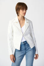 Load image into Gallery viewer, Elevate your style with this white leather jacket. Crafted from soft foiled suede, it features a playful guipure floral appliqué and statement studs. Convenient hook-and-eye closure for effortless wearability.
