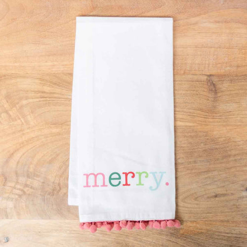 Hand towel with festive colors and pink pom pom trim, perfect for adding a holiday touch to your bathroom decor.
