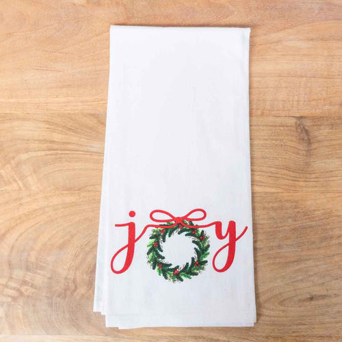 Festive flour sack hand towel featuring a joyous wreath design.