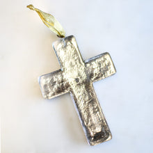 Load image into Gallery viewer, Glass cross ornament with antique silver finish. Gold ribbon for easy hanging on Christmas tree.

