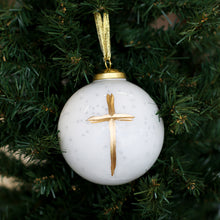 Load image into Gallery viewer, Ornament with frosted glass finish, white with gold cross. Gold ribbon for hanging. Perfect for Christmas tree decor.
