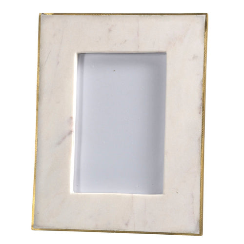 White marble frame with brass accent for elegant photo display.