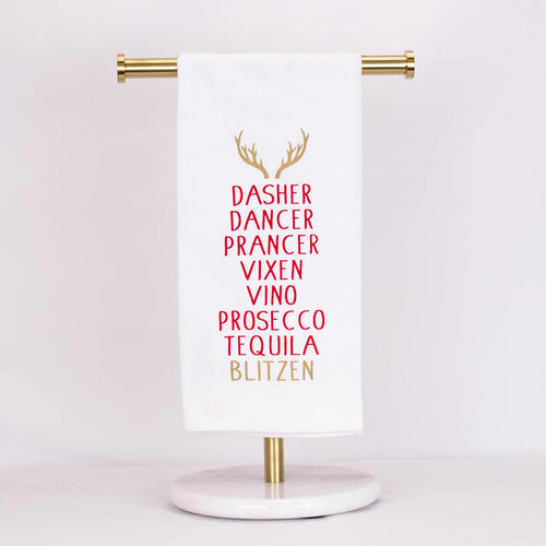 Blitzen Christmas Hand Towel: Festive red towel with a reindeer design, perfect for adding holiday cheer to your bathroom or kitchen.