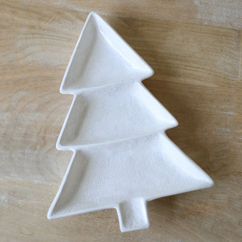 White Christmas tree dish with three sections, perfect for nuts or berries at a party. Adds festive touch to Christmas gatherings.