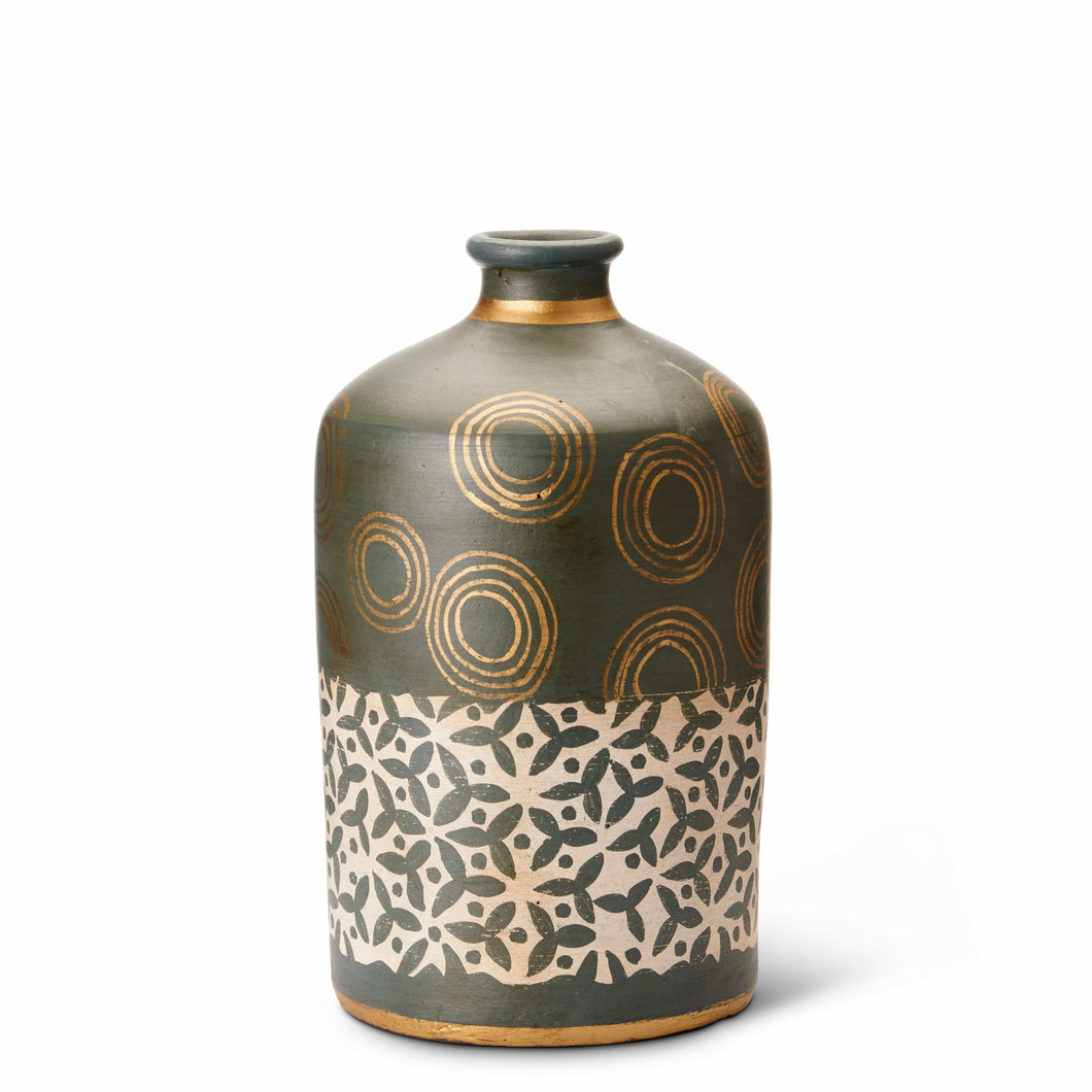 Terracotta vases with Egyptian green and gold accents.