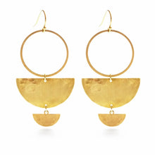 Load image into Gallery viewer, Handmade brass earrings with gold plated earwires hanging from a branch, measuring 2.25&quot; x 1&quot; - lead and nickel free.
