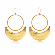 Load image into Gallery viewer, Brass crescent moon earrings with gold fill earwires, measuring 2&quot; x 1.25&quot;. Handmade in the USA, packaged on 3.5&quot; x 4.5&quot; cards.
