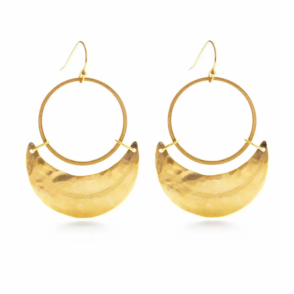 Brass crescent moon earrings with gold fill earwires, measuring 2