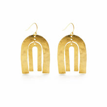 Load image into Gallery viewer, Arco Iris Earrings on card: gold and brass earrings with hammered raw brass and gold plated earwires
