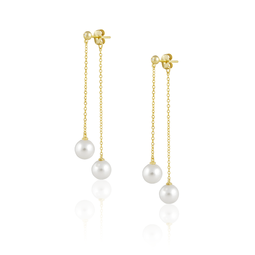 A pair of gold-plated over sterling silver dangle earrings with double pearl design and hypoallergenic properties.