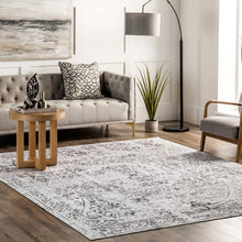 Load image into Gallery viewer, Transitional vintage rug in a living room with a sofa and chair, adds warmth and style to any decor. Machine made from 100% polyester, washable, and made in China.

