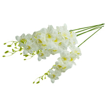 Load image into Gallery viewer, Stunning real touch faux orchid with bendable stems, featuring 7 lifelike white blooms on a white background.
