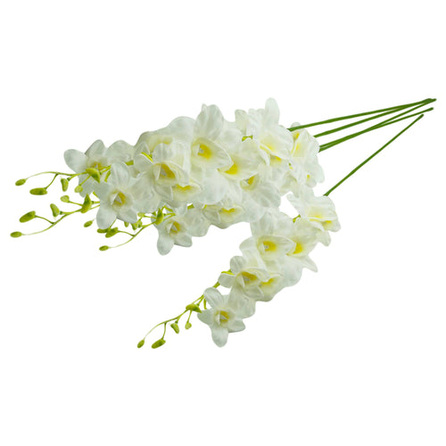 Stunning real touch faux orchid with bendable stems, featuring 7 lifelike white blooms on a white background.