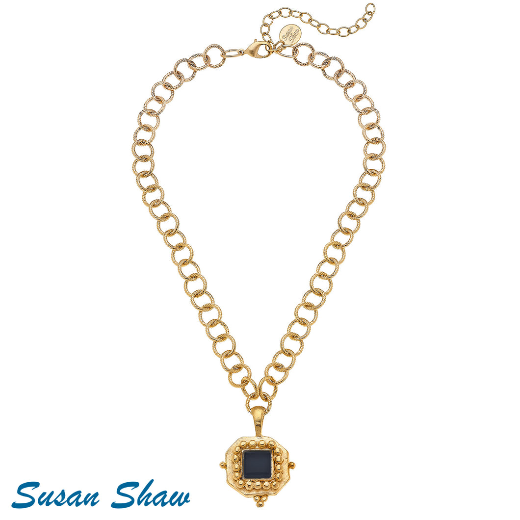 Susan Shaw Handcast Gold Square with Black French Glass Necklace