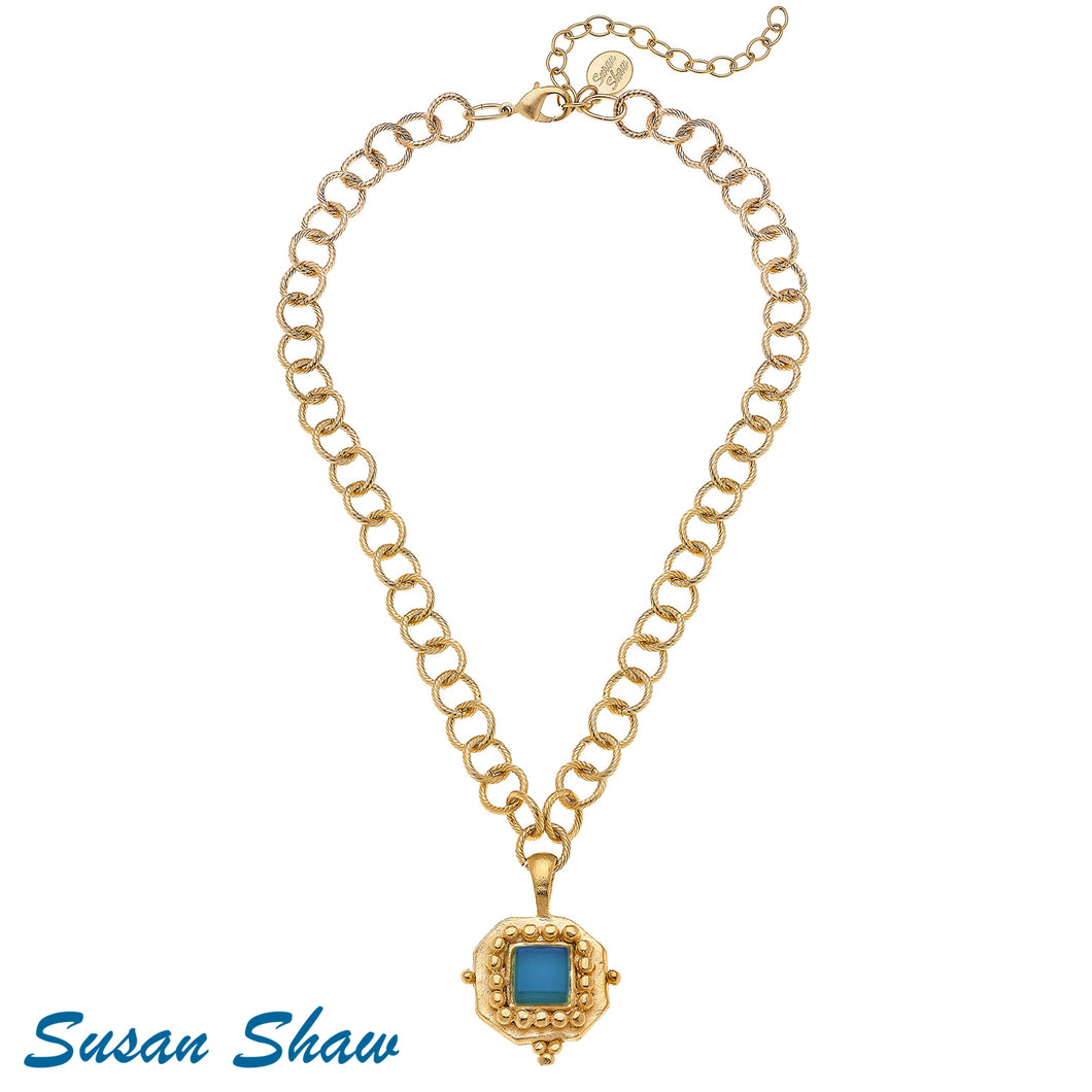 Susan Shaw Handcast Gold Square with Sapphire Blue French Glass Necklace