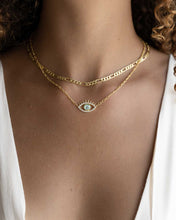 Load image into Gallery viewer, Stunning evil eye gold necklace with green-eyed charm and zirconia crystals in clear and mint green hues.
