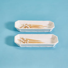 Load image into Gallery viewer, Versatile ceramic dishes for corn or appetizers like nuts and olives. White with bamboo design for a stylish addition to any table setting.
