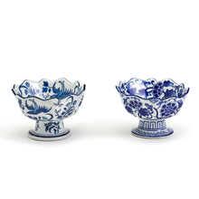 Load image into Gallery viewer, Blue and White Scalloped Edge Hand-Painted Footed Bowl
