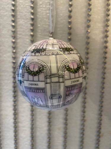 White Decoupage Baubles inspired by Dior J'adore for Christmas. Shiny, beautifully illustrated, hung on white organza ribbon.