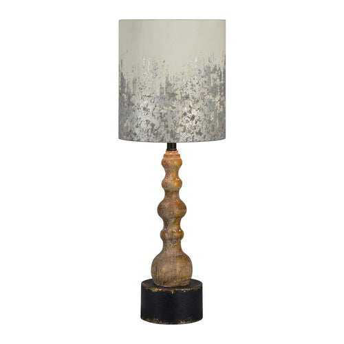 natural wood table lamp with silver and white shade