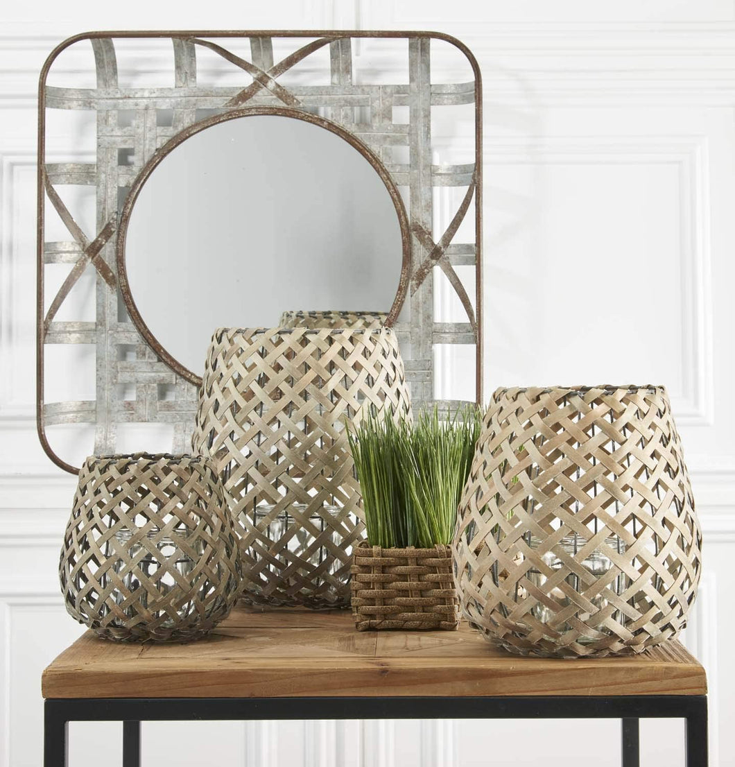 Woven Wood Table Lanterns w/Glass Hurricanes