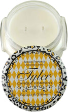 Load image into Gallery viewer, Yellow and white candle with black and white pattern, representing DIVA fragrance - a warm and complex blend of fruits, florals, chocolate, and amber.

