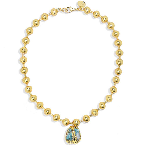 Collar necklace with beaded chain and large Amazonite stone pendant, a stunning accessory.