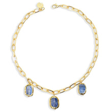 Load image into Gallery viewer, A stunning blue stone necklace with three genuine kyanite pendants, elegantly set on a gold chain.
