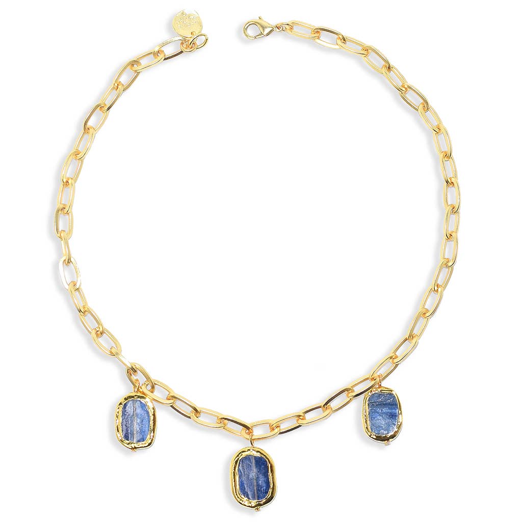 A stunning blue stone necklace with three genuine kyanite pendants, elegantly set on a gold chain.