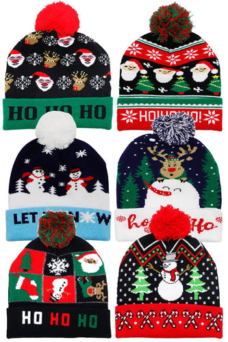 Assorted design ribbed knit cuffed long trooper beanie for a Christmas-themed holiday look.