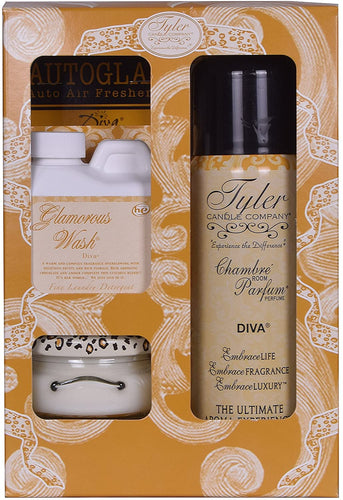 Diva Glamorous Gift Suite by Tyler Candle Company. Two perfume bottles and a body wash bottle in a decorative box.