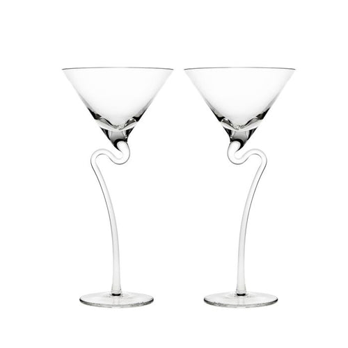 Unique martini glasses with curved stems for a modern touch. Set of 2 perfect for celebrations, reminiscent of a hip jazz club.