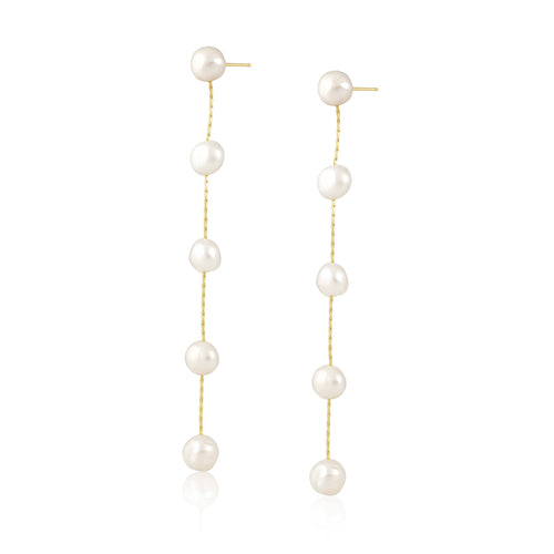 A pair of pearl drop earrings with 18K gold plating over sterling silver, featuring a 4-inch drop and hypoallergenic properties.