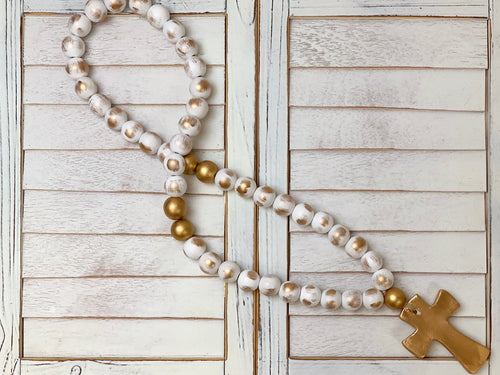 Cream and gold hand-painted blessing beads with white brushed gold beads and gold accents. Perfect for decorating lamp, door knob, book shelf, or coffee table. Ideal gift for friend, housewarming, or new baby.