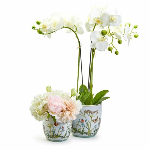 Porcelain cachepots with vintage butterfly garden design, perfect for your favorite floral arrangements, providing ample room for plant growth.