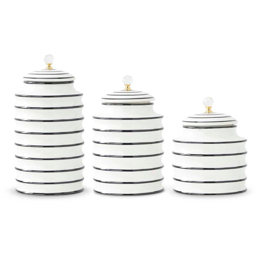 Ceramic White and Black Round Ribbed Container with Crystal Knob