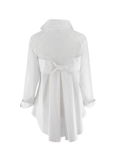 Load image into Gallery viewer, Stylish white button-down blouse with a bow-like accent on the back, made from 100% cotton for a chic appearance.
