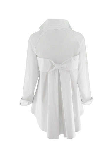 Stylish white button-down blouse with a bow-like accent on the back, made from 100% cotton for a chic appearance.