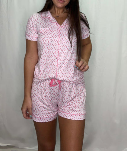 Sweetheart Sleep Shorts in white and pink with water colored hearts, pink piping, and waist tie.