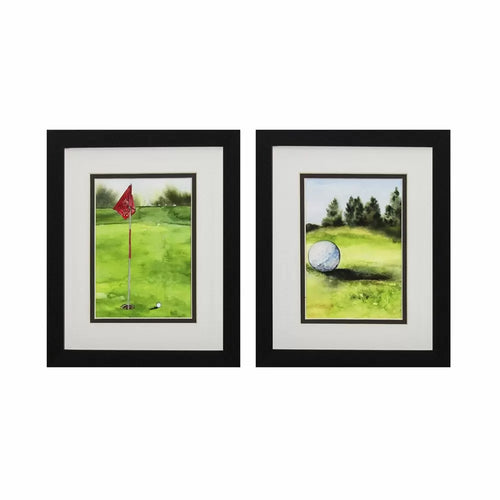 Pair of golf prints beautifully showcased in double mats and matte black frames.