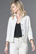 Load image into Gallery viewer, Pearlized white jean jacket by Lola &amp; Sophie, a head-turning piece with dazzling sheen for a comfy and chic look all day long.
