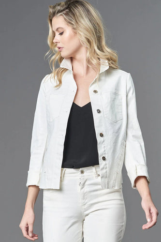 Pearlized white jean jacket by Lola & Sophie, a head-turning piece with dazzling sheen for a comfy and chic look all day long.