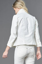 Load image into Gallery viewer, Stay comfy and chic all day in this Lola &amp; Sophie pearlized white jean jacket, a dazzling piece that will not disappoint.
