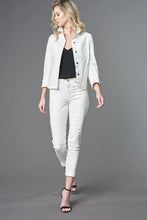 Load image into Gallery viewer, Lola &amp; Sophie pearlized white jean jacket, a stunning choice for a chic and comfortable outfit that will surely make heads turn.
