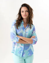Load image into Gallery viewer, Chic tie dye blouse in Spa color with collar and front buttons. Versatile piece that can be styled as a blouse or worn open over a tee.
